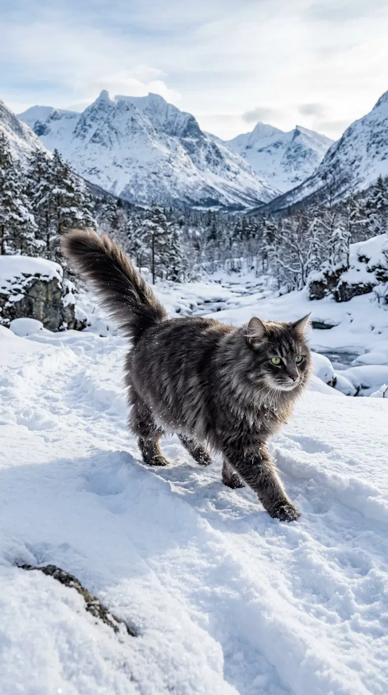 Maine Coon Cat Walking in a Snowy Mountain Landscape
