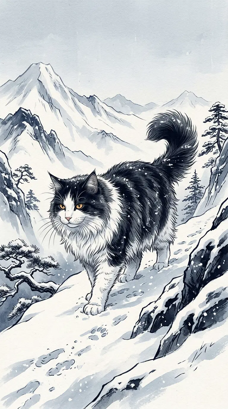 A Striking Japanese Style Illustration of a Cat in Mountains