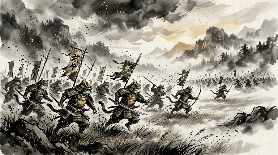 A dramatic illustration of samurai cats in battle, featuring warriors dressed in traditional armor, wielding swords, and charging through a misty landscape with mountains in the background.