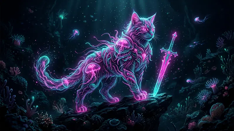 Colorful Surreal Cat with Neon Elements and a Sword