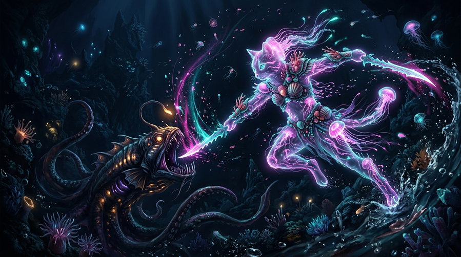 A glowing cat warrior, adorned with vibrant colors and jellyfish-like features, confronts a monstrous sea creature in a dark underwater setting filled with coral and glowing light.