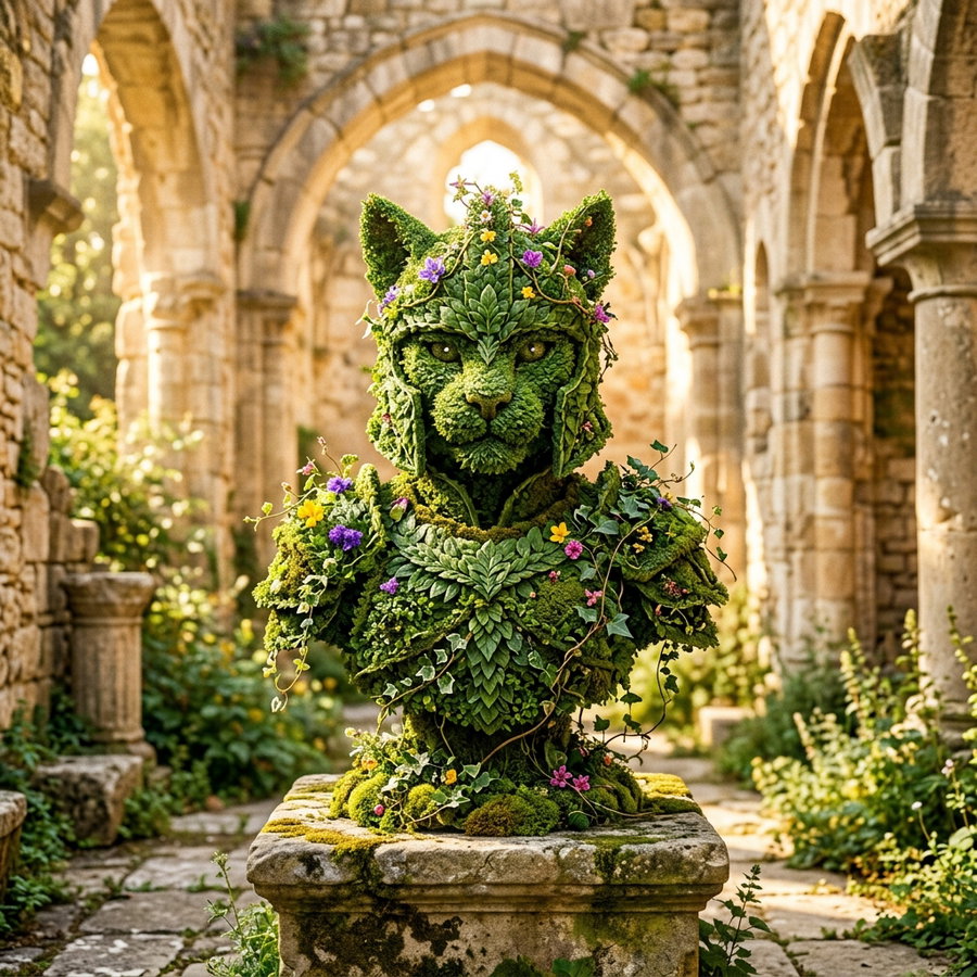 A large cat sculpture made of lush greenery and flowers, set in an ancient stone structure with arches and overgrown plants.