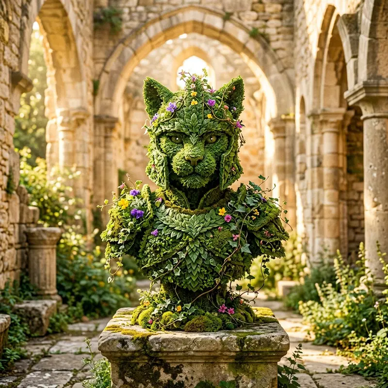 Surreal Green Cat Sculpture in Ancient Ruins