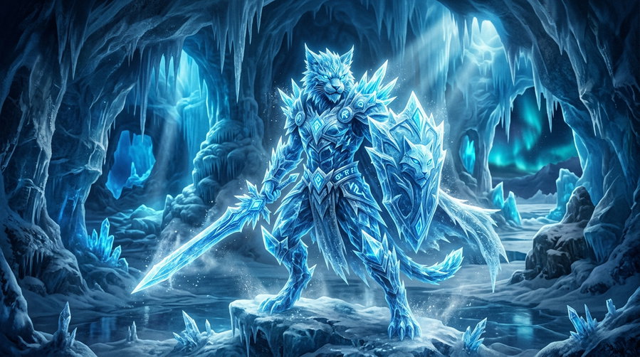 A majestic ice warrior cat with a crystal sword and shield stands in a frozen cave. The environment features icy stalactites and a glowing backdrop with shades of blue and green, creating an ethereal atmosphere.