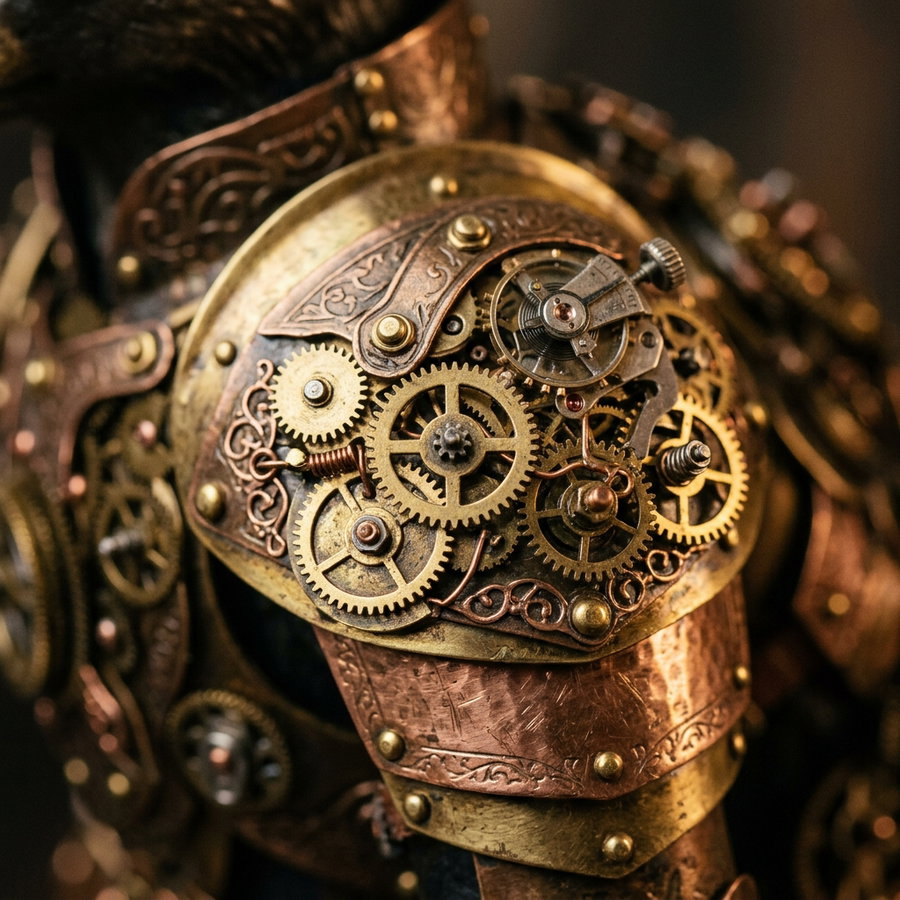 A detailed close-up of a cat figure adorned with ornate steampunk armor featuring intricate gears and metalwork.
