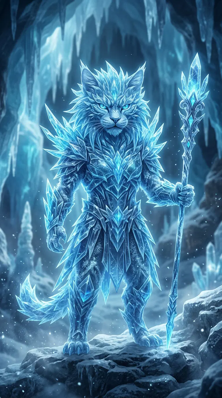 A Frosty Fantasy Warrior Cat in Crystal Armor