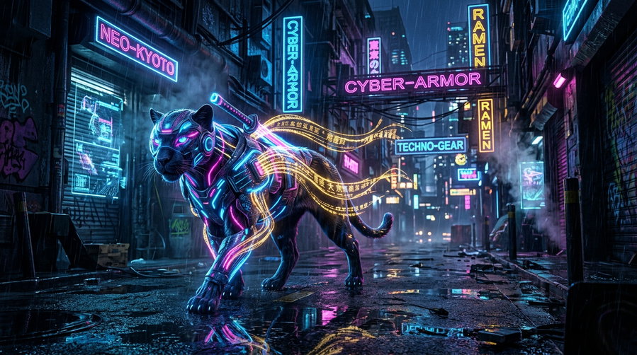 A neon-lit street with a cybernetic cat adorned with glowing armor. The surroundings include vibrant signs and a wet pavement reflecting the colorful lights.
