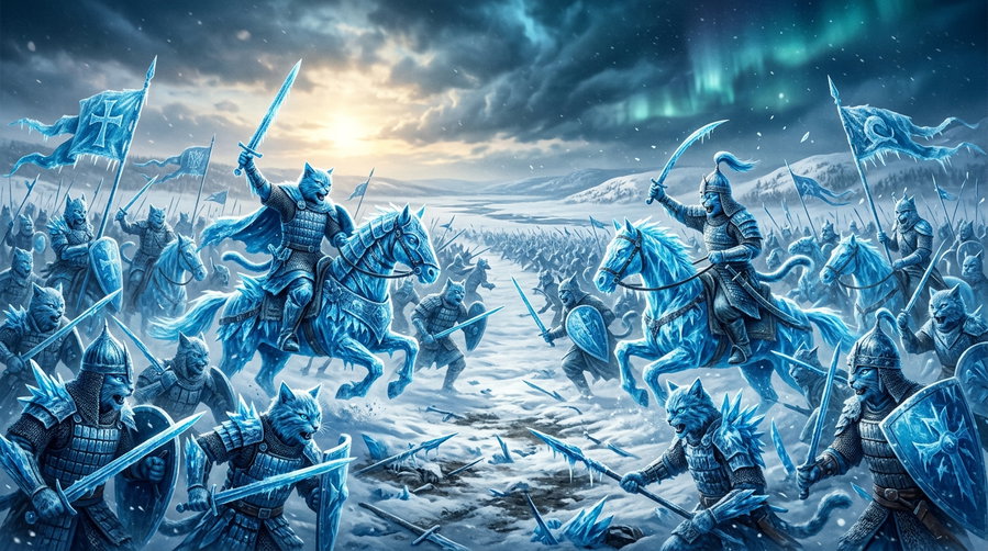 A dramatic scene featuring blue-toned cat warriors in armor, charging through a snowy battlefield with swords, banners, and an aurora in the sky.