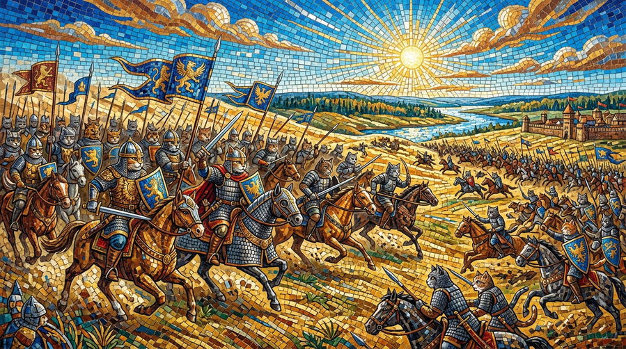 A vibrant mosaic artwork showing knights on horseback, galloping across a sunlit landscape with flags and a river in the background.