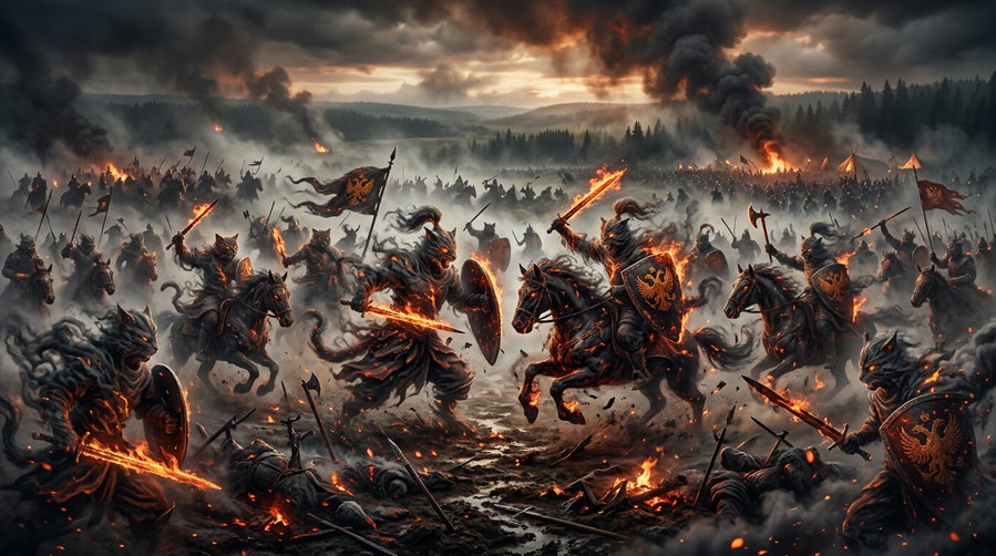 A vivid battle scene with armored cat knights on horseback engaged in combat, surrounded by fire and smoke, against a dark, dramatic sky.