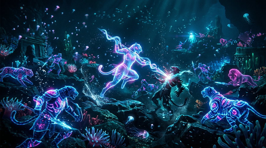 An underwater scene illuminated with neon-colored cats and fantasy elements, depicting cat warriors amidst colorful corals and jellyfish.