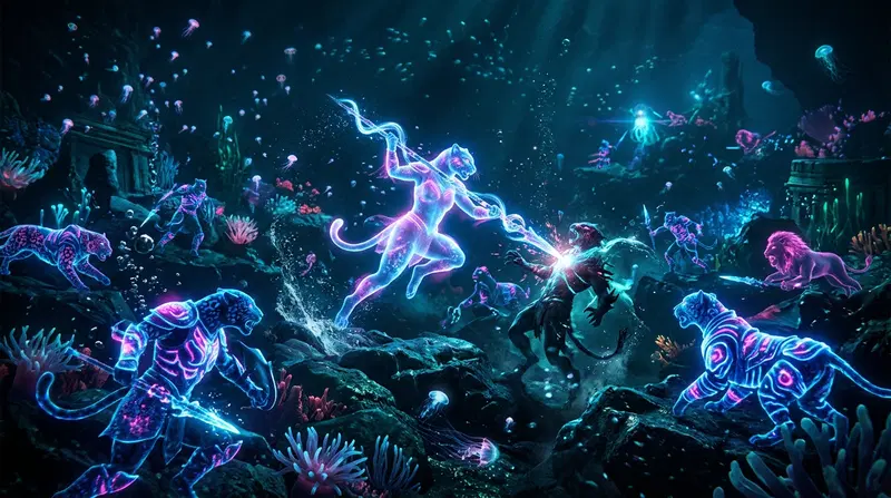 Vibrant Surreal Underwater Scene Featuring Neon Cat Warriors