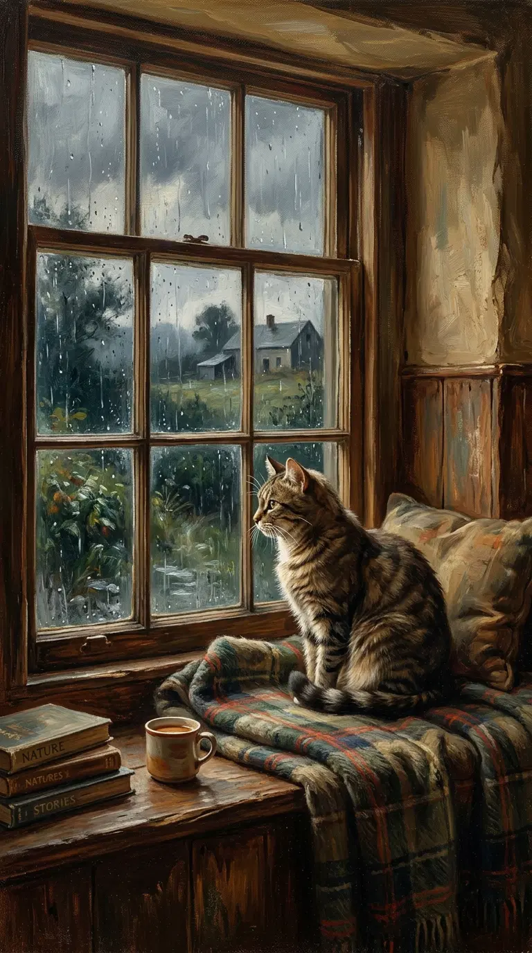A Cozy Cat Watching the Rain by the Window