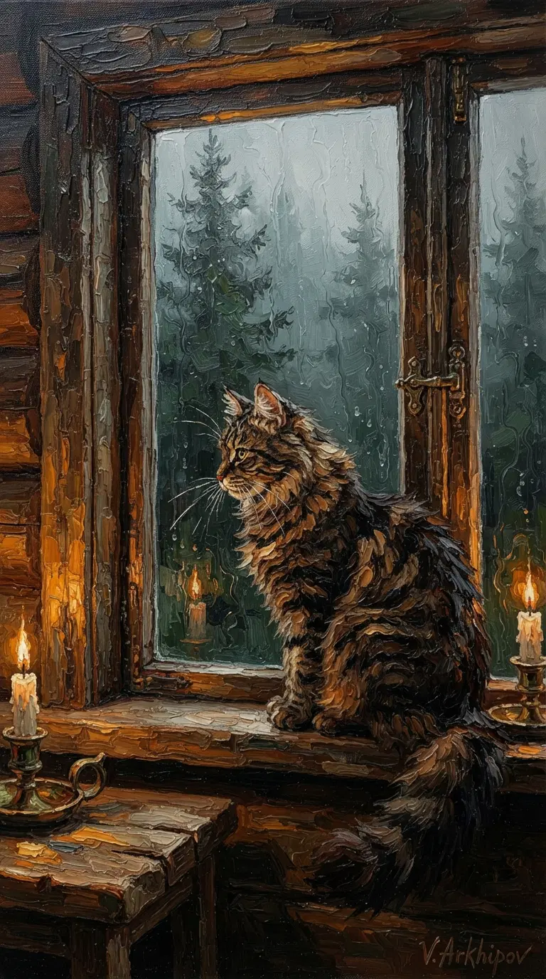 A Majestic Cat Observing the Misty Forest from a Window