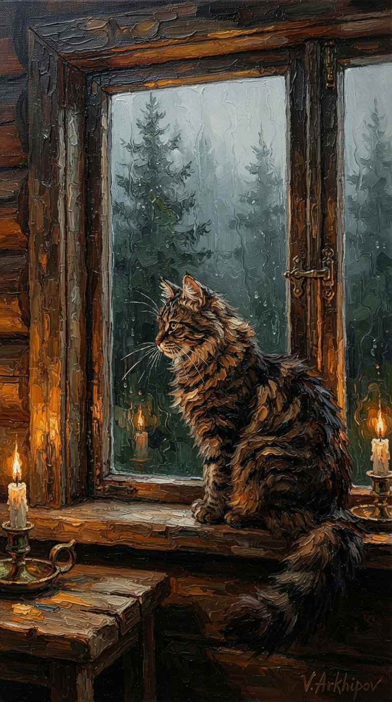 A fluffy brown cat sitting on a windowsill, gazing out at a foggy forest scene, with candles on the wooden table.