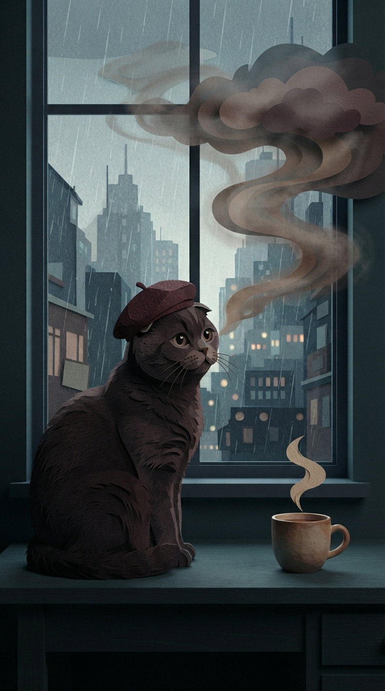 A dark-furred cat wearing a beret sits on a table by a window, gazing out at a rainy cityscape. A steaming cup is next to the cat, with the atmosphere reflecting a cozy ambiance.