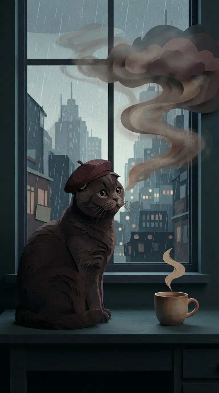 A Cozy Cat Enjoying Rainy City Views with a Cup of Coffee