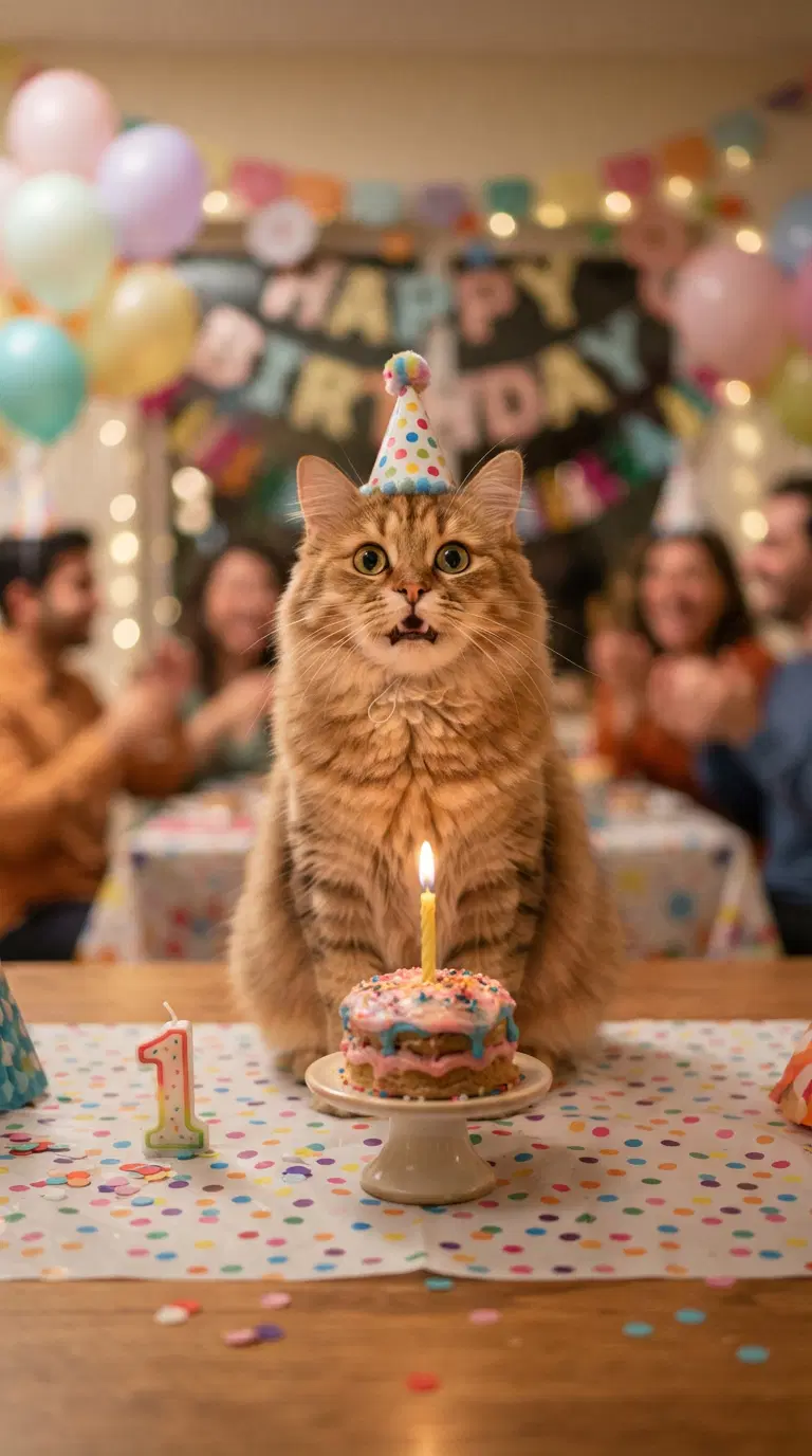 A Fluffy Cat Celebrating a Birthday with a Cake