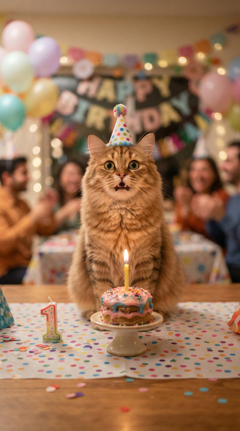 A fluffy tabby cat wearing a party hat, sitting in front of a birthday cake with a candle, surrounded by festive decorations and people celebrating in the background.