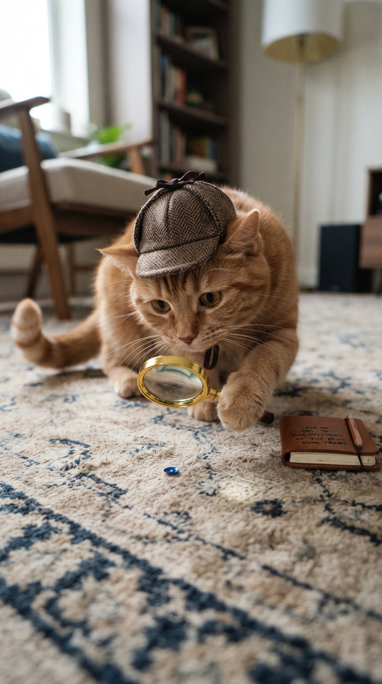 An orange cat wearing a detective hat and holding a magnifying glass, focused on a small sparkly object on a carpet. Nearby, there is a small notebook.