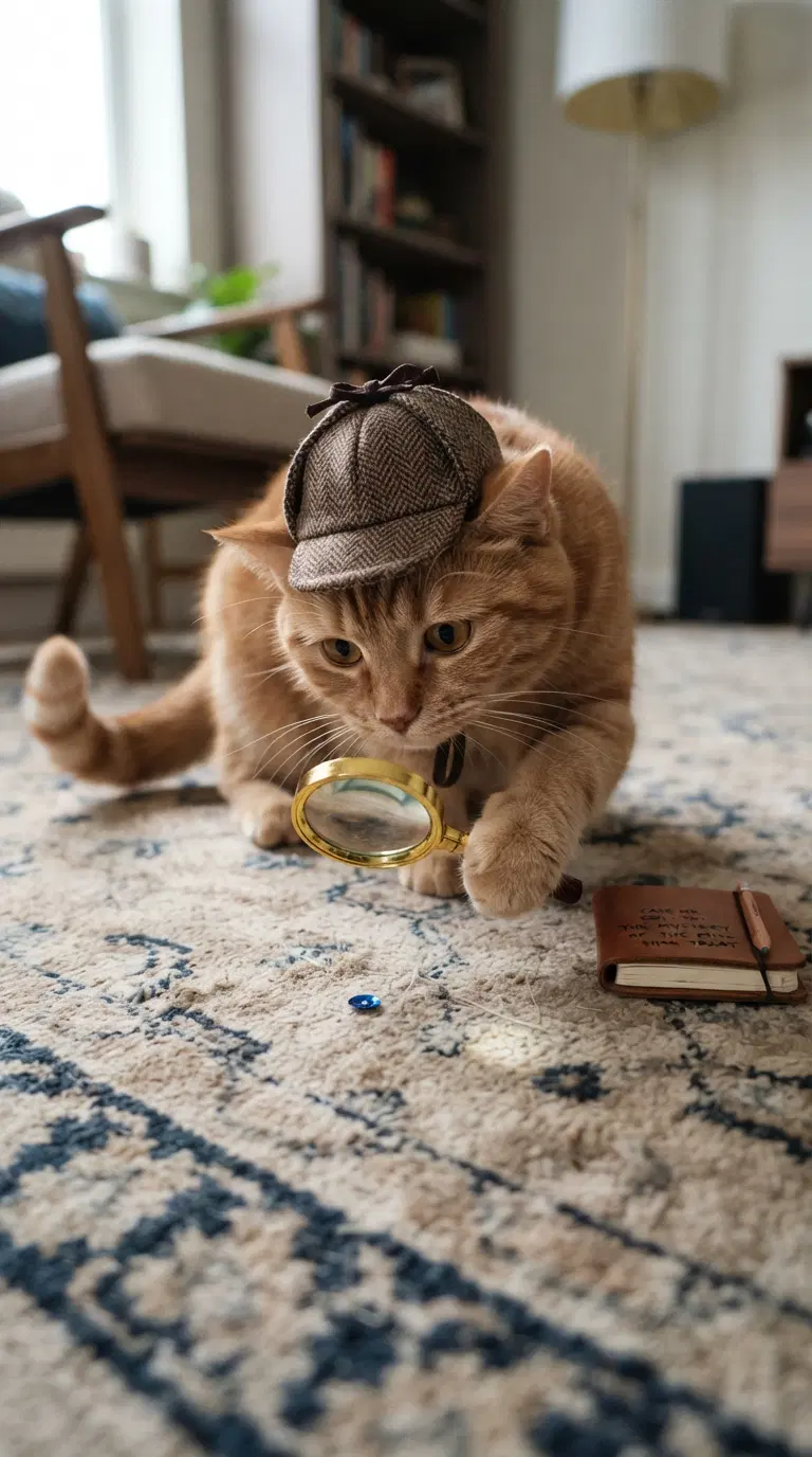 Detective Cat Investigating a Sparkly Object in Cozy Setting