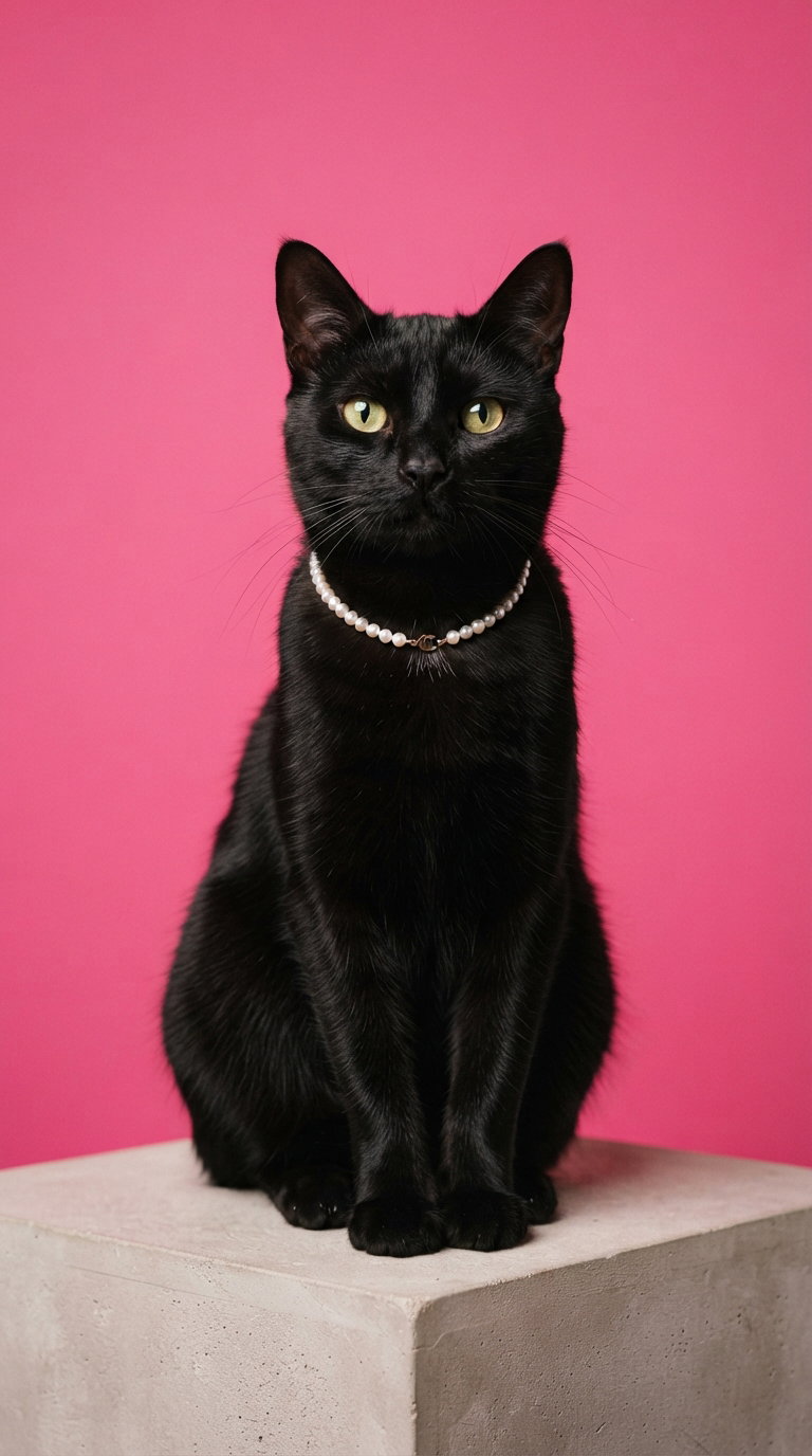 A black cat sitting elegantly on a stone pedestal, wearing a pearl necklace, against a vivid pink background.