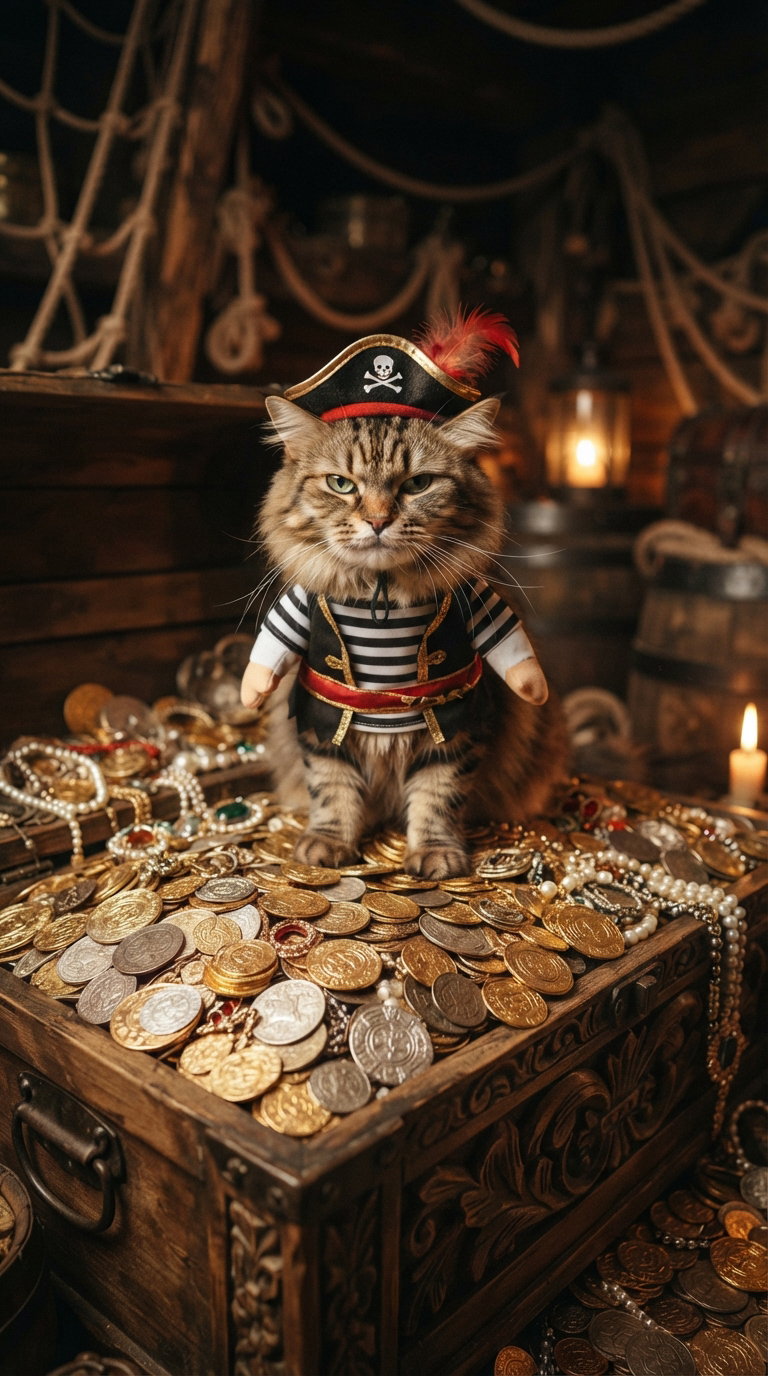A cat dressed in a pirate costume standing on a pile of gold coins and treasure in a rustic setting.