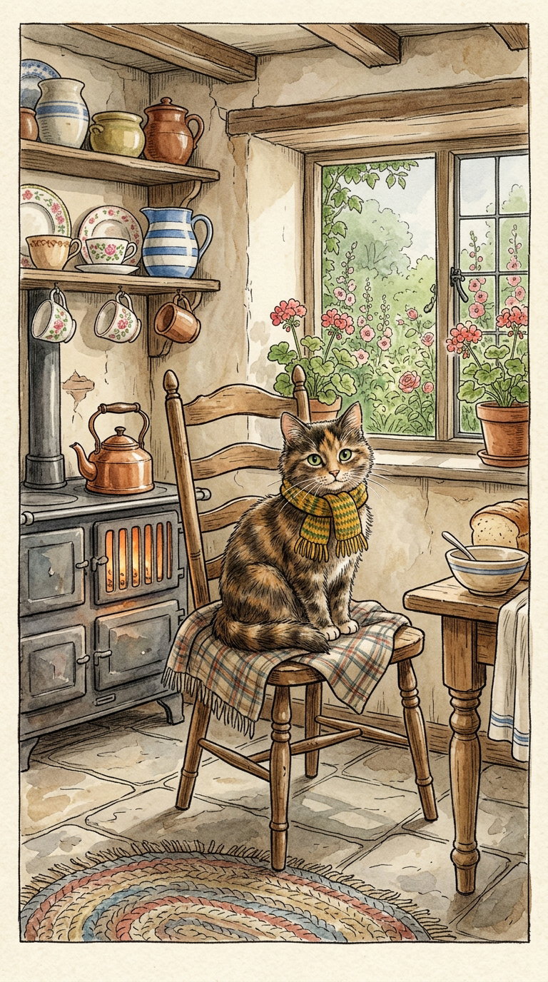 A colorful cat sitting on a chair in a rustic kitchen, with a fireplace, plant-filled window, and vintage kitchenware.