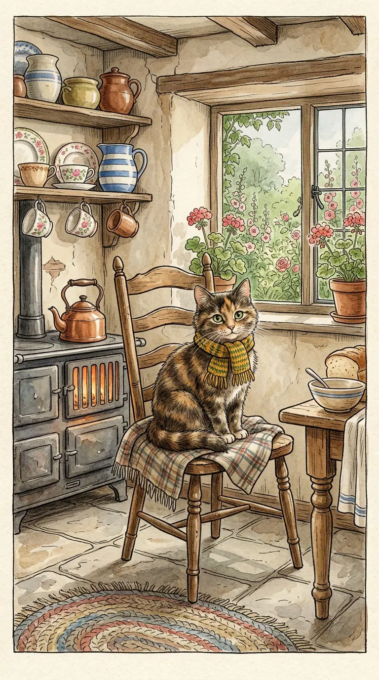 Charming Cat in a Cozy Kitchen Setting with Flowers