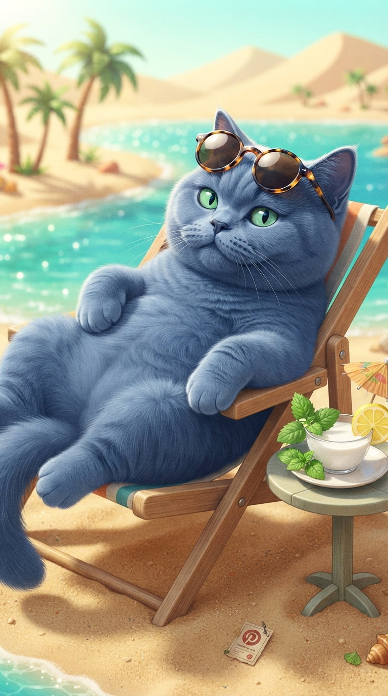 A fluffy blue cat lounging on a beach chair with sunglasses, next to a table with a drink and food, set against a tropical beach and palm trees.