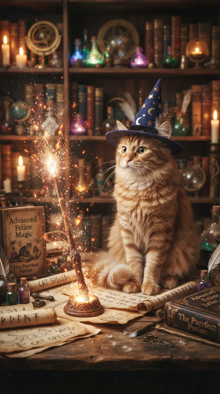 A Magical Witch Cat Surrounded by Potion Ingredients
