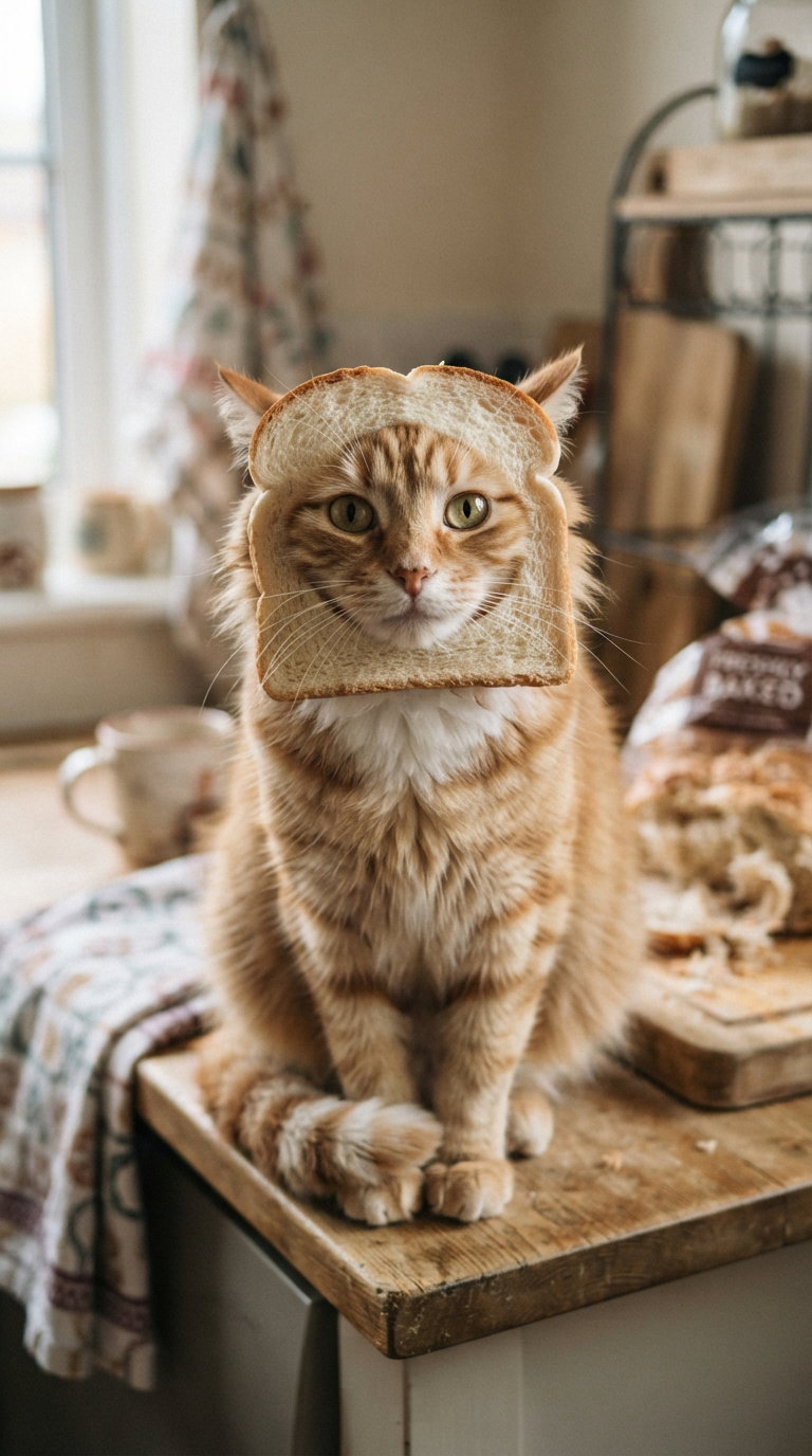 An orange cat sitting on a wooden table with a slice of bread on its head, surrounded by kitchen items.