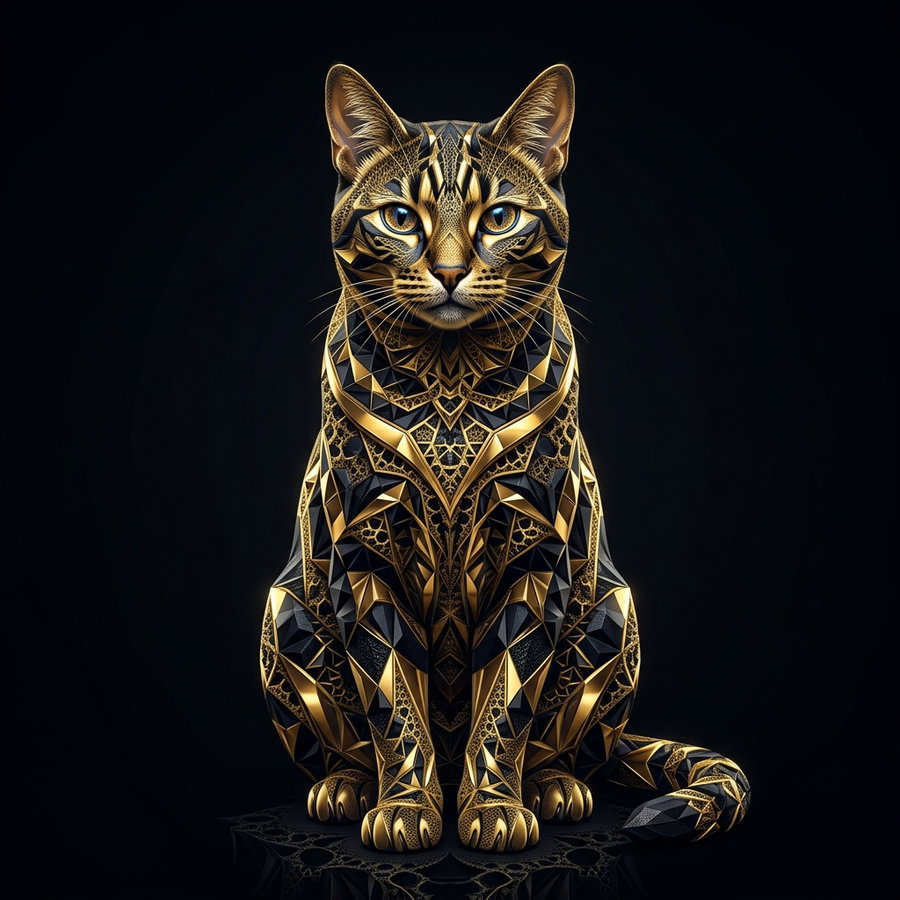 A highly detailed, geometric cat illustration featuring intricate patterns and a striking color palette of black and gold against a dark background.