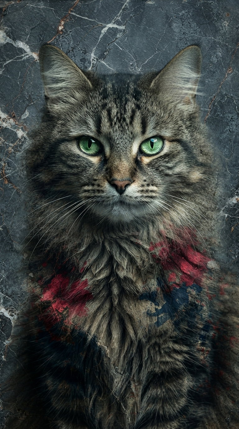 A Maine Coon cat with striking green eyes, set against a dark marbled background with abstract red and blue hues.