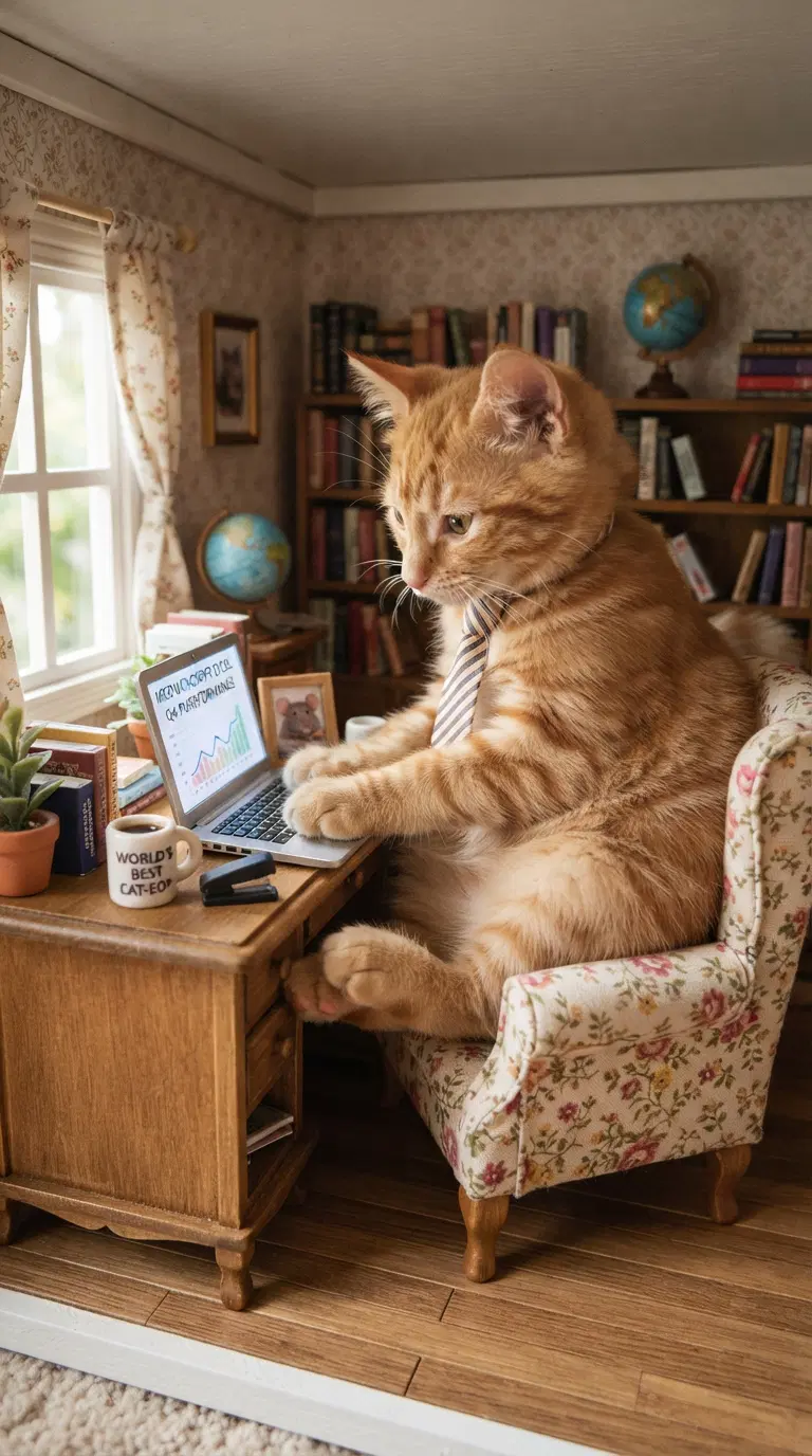 A Business Cat at Work in a Cozy Miniature Office Setting