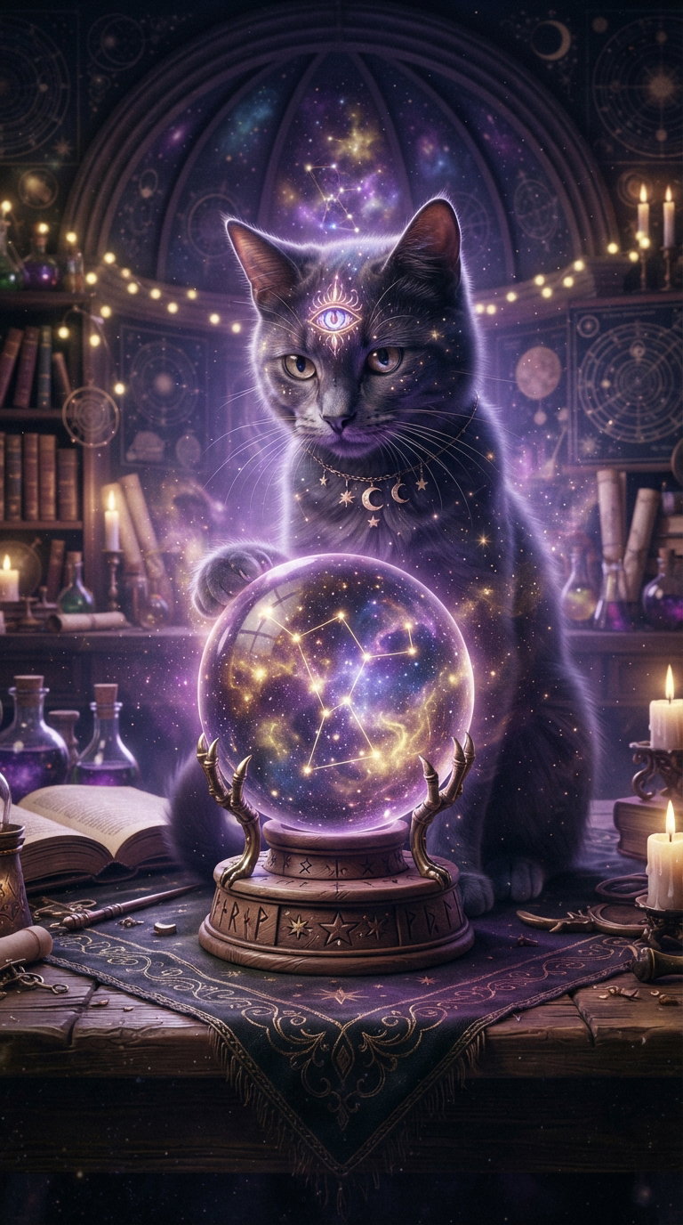 A gray cat with an illuminated third eye sitting beside a glowing crystal ball in a dimly lit library filled with potions and mystical items.
