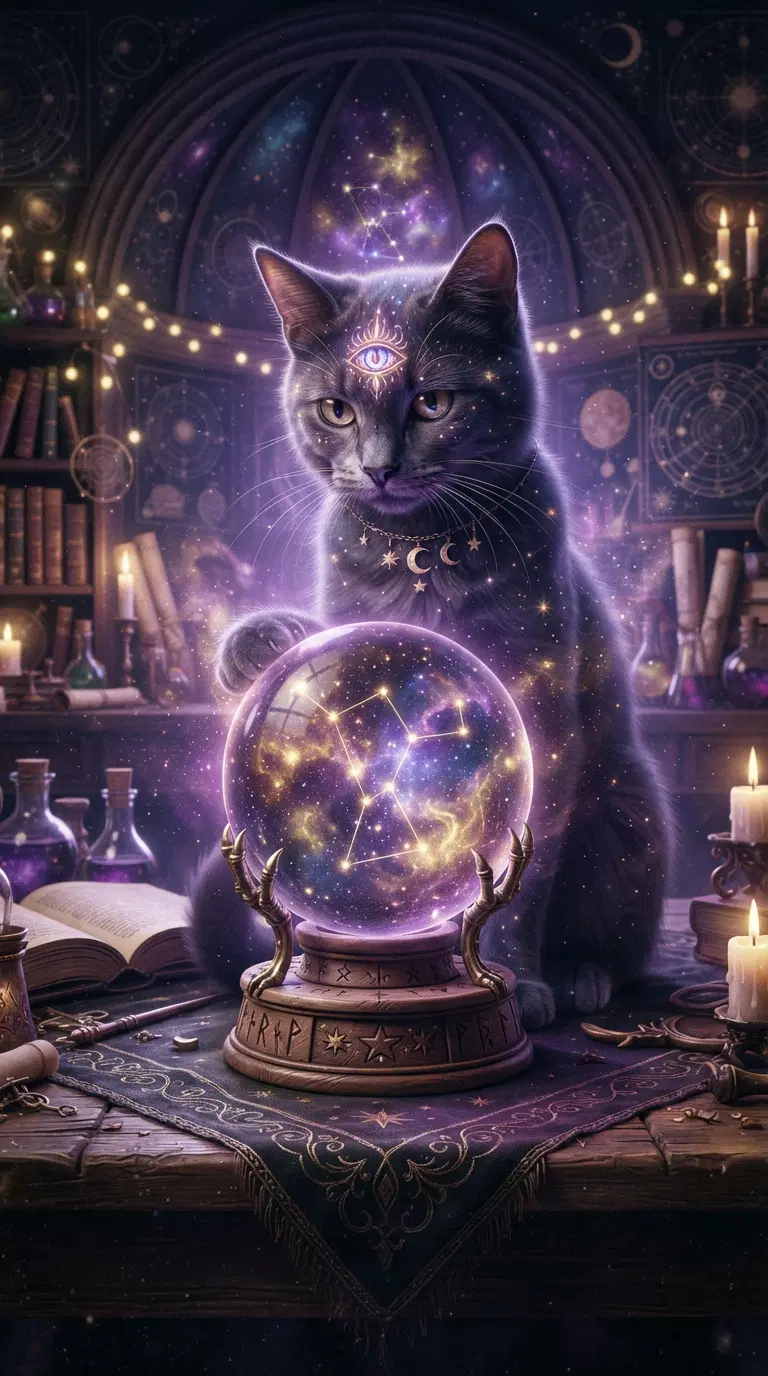 Mystical Cat in an Enchanted Library with a Crystal Ball