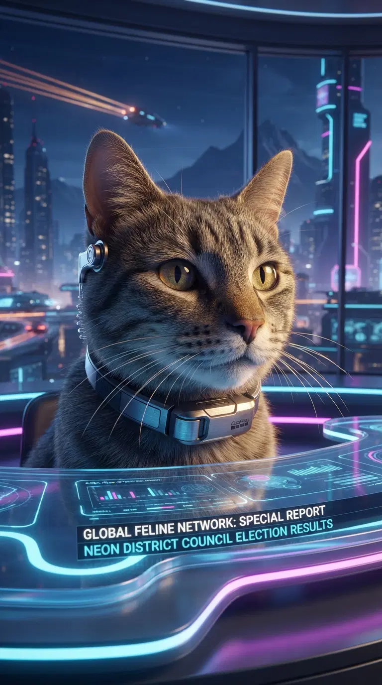 Futuristic Cat Anchoring a Gaming News Broadcast