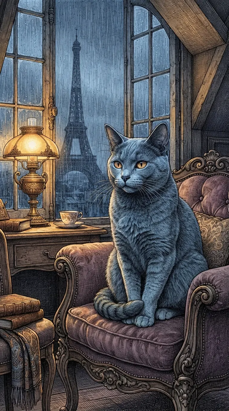 A Cozy Cat in a Vintage Room with Parisian Views