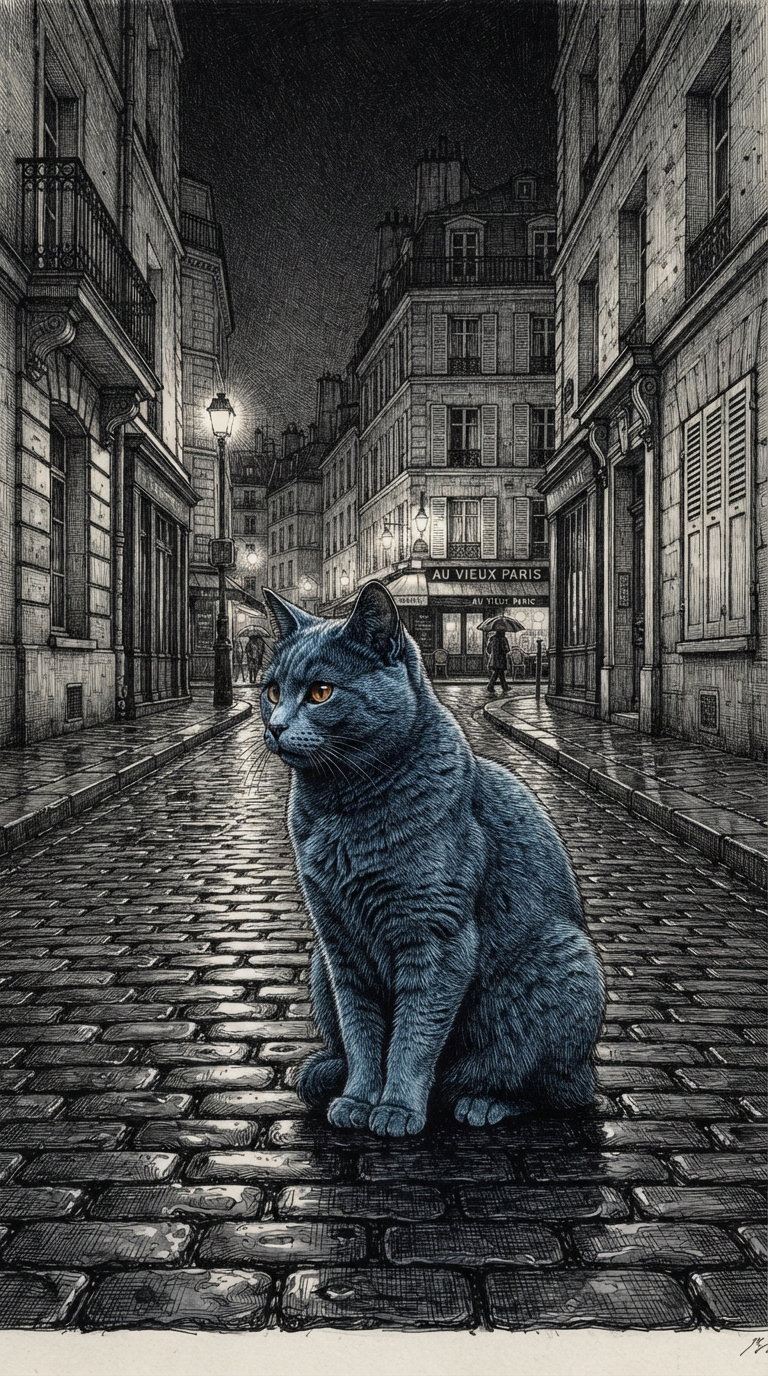 A detailed illustration of a blue cat sitting on cobblestone streets in Paris at night, with buildings and street lamps in the background.
