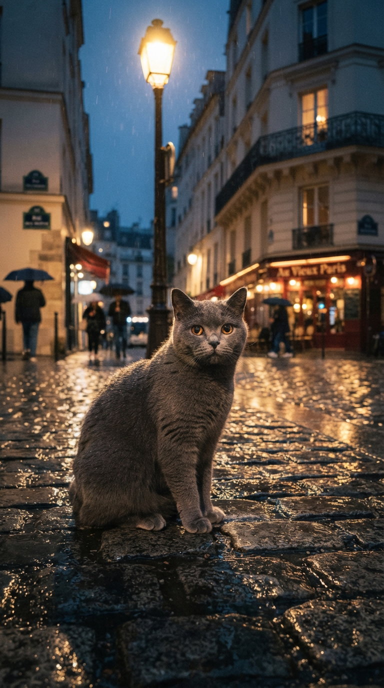 A gray cat sitting on a cobblestone street in Paris during a rainy night, under a street lamp, with wet stones reflecting light.