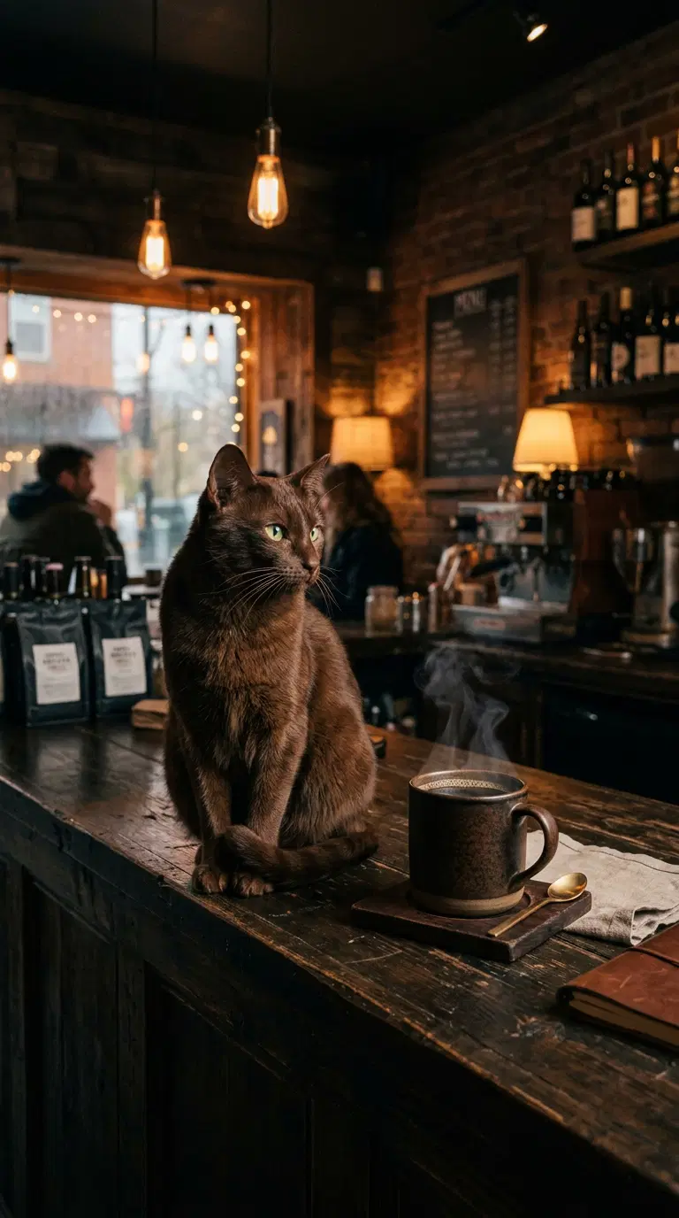 Warm and Inviting Cafe Scene with a Cat and Steaming Coffee