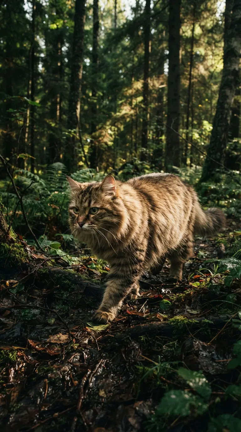 Maine Coon Cat Walking Through a Lush Forest Environment