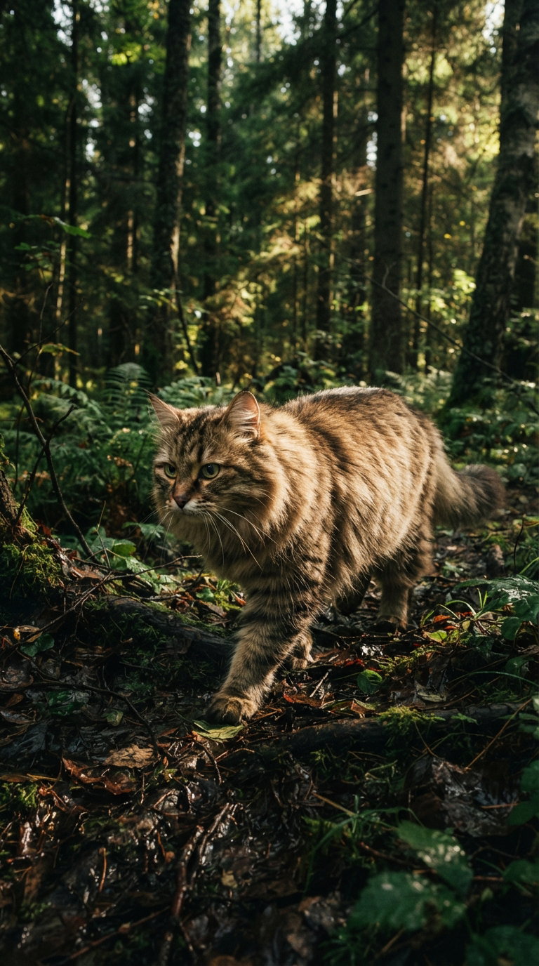 A Maine Coon cat walking along a path in a forest, surrounded by green foliage and dappled sunlight filtering through the trees.