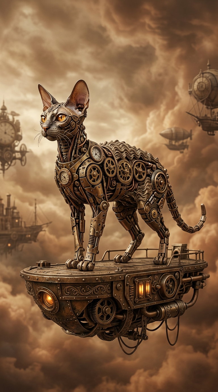 A mechanical cat with gears and clock elements standing on a floating platform, surrounded by a fantasy landscape of clouds and steampunk machinery.