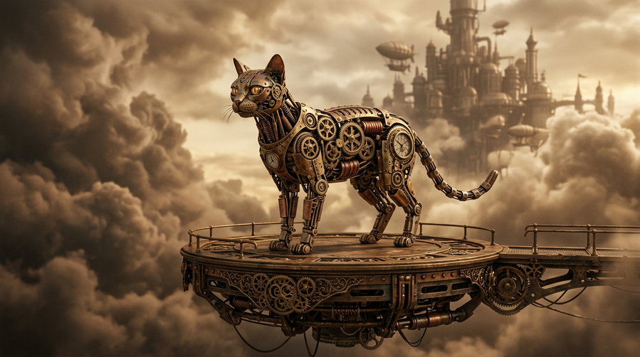 A robotic cat made of gears and metal stands on a platform amid clouds, with a fantasy castle in the background.