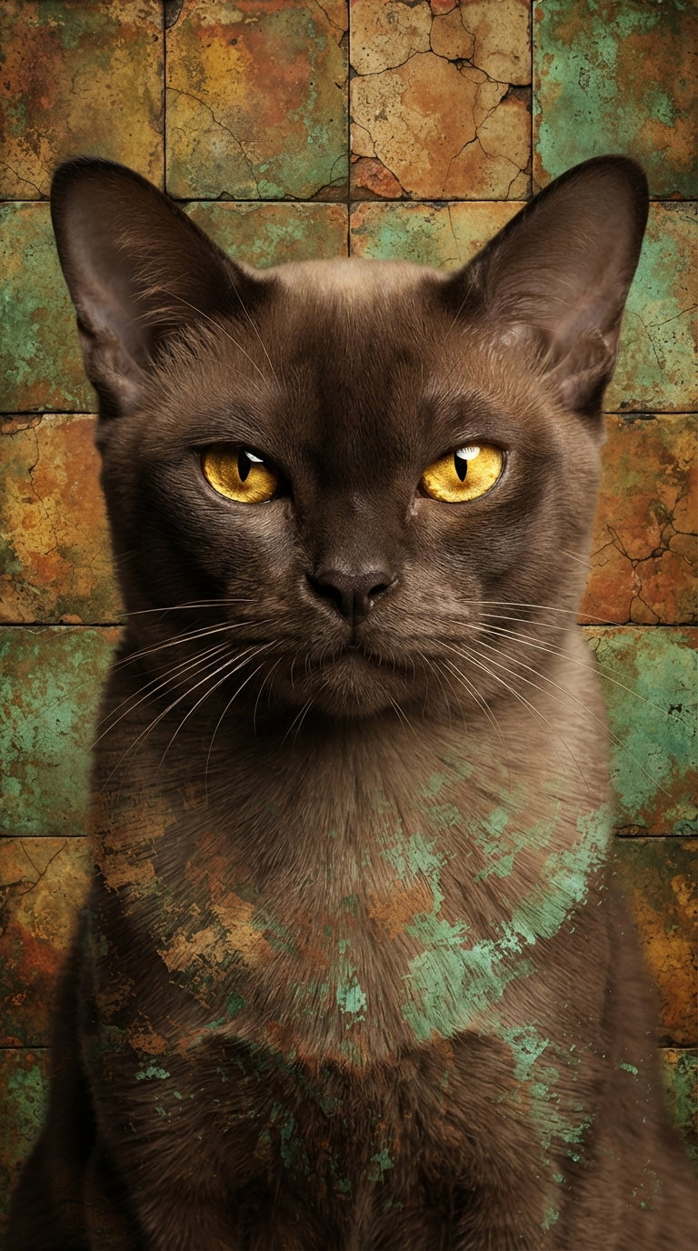 A close-up of a Siamese cat with golden amber eyes, set against a textured, artistic background of cracked green and brown tiles.
