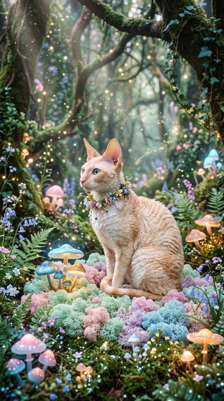 A fluffy cream-colored cat with blue eyes sits in a vibrant forest filled with colorful mushrooms and flowers, surrounded by soft moss and sparkling lights.