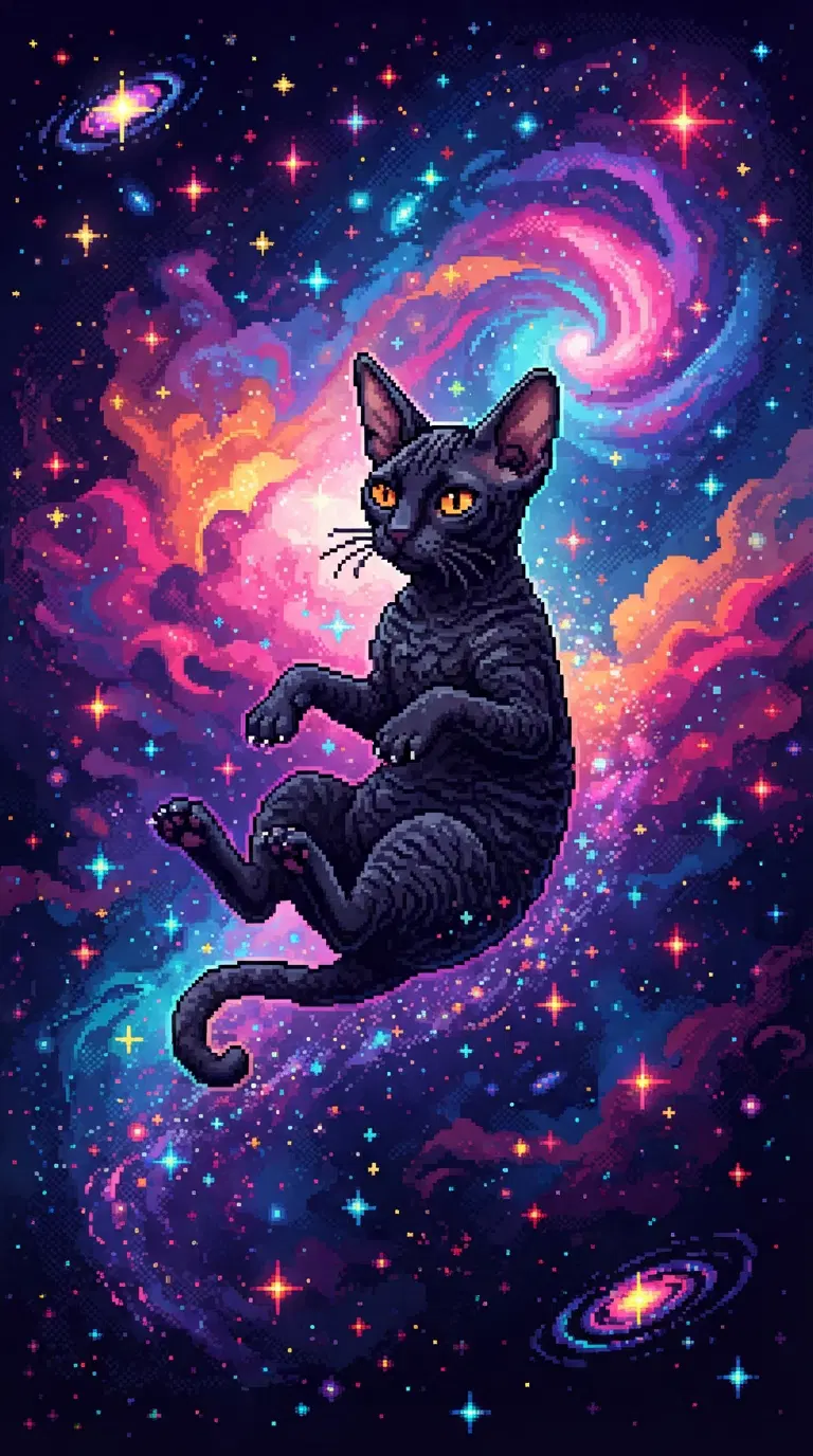 Black Cat Floating in a Cosmic Space Scene