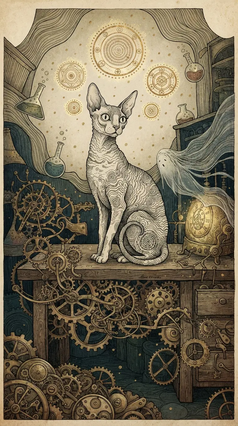 Intricate Steampunk Cat Surrounded by Gears and Alchemical Symbols